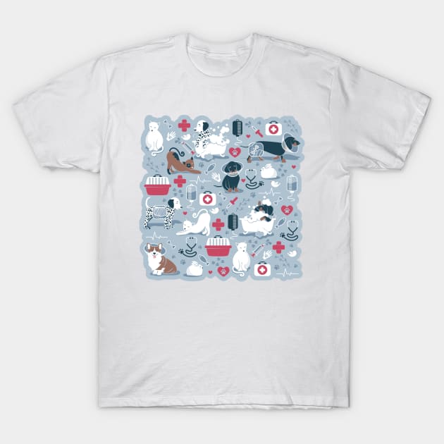 Veterinary medicine, happy and healthy friends // pastel blue background red details navy blue white and brown cats dogs and other animals T-Shirt by SelmaCardoso